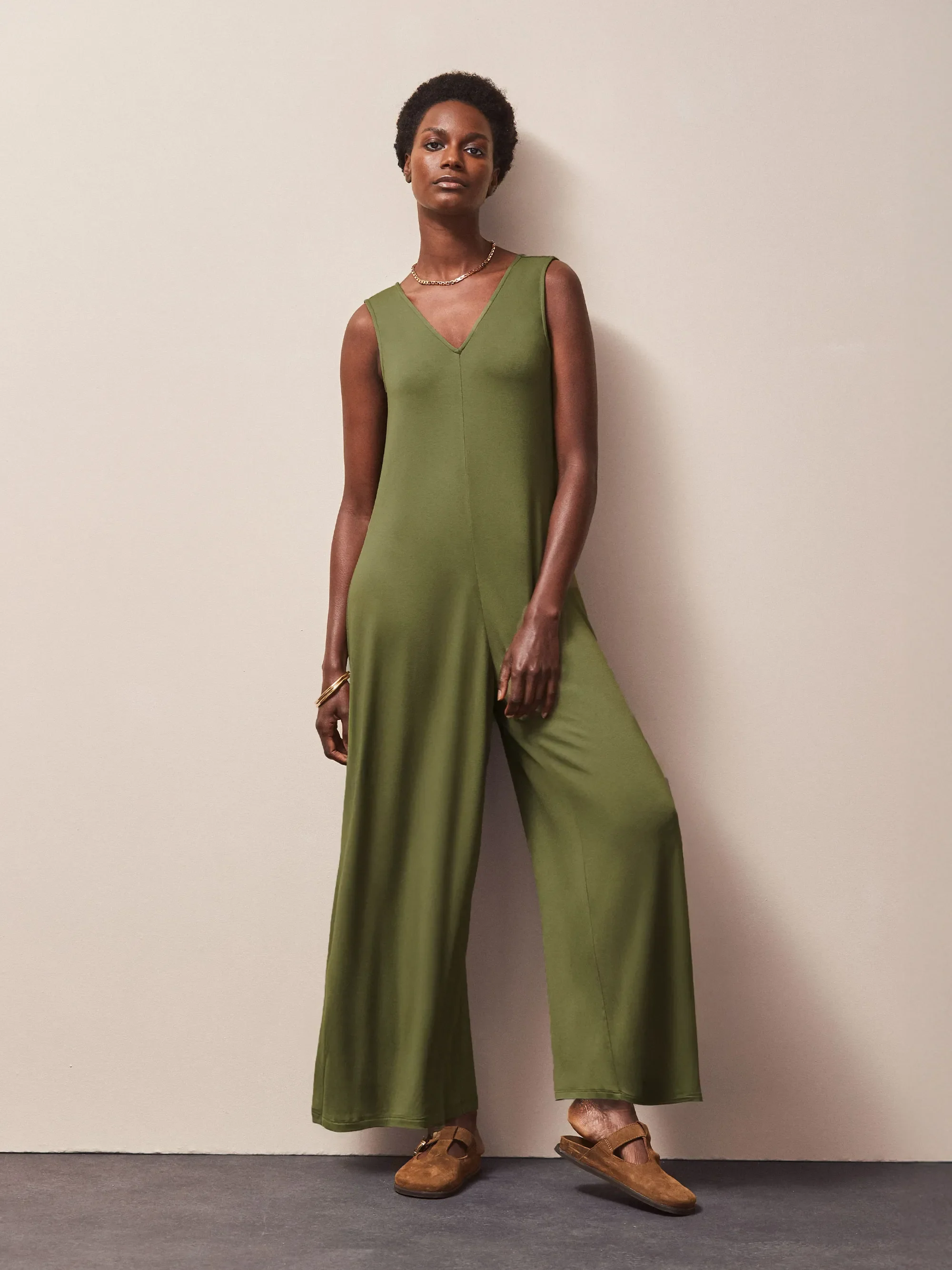 Petite Olive Jersey V Neck Jumpsuit