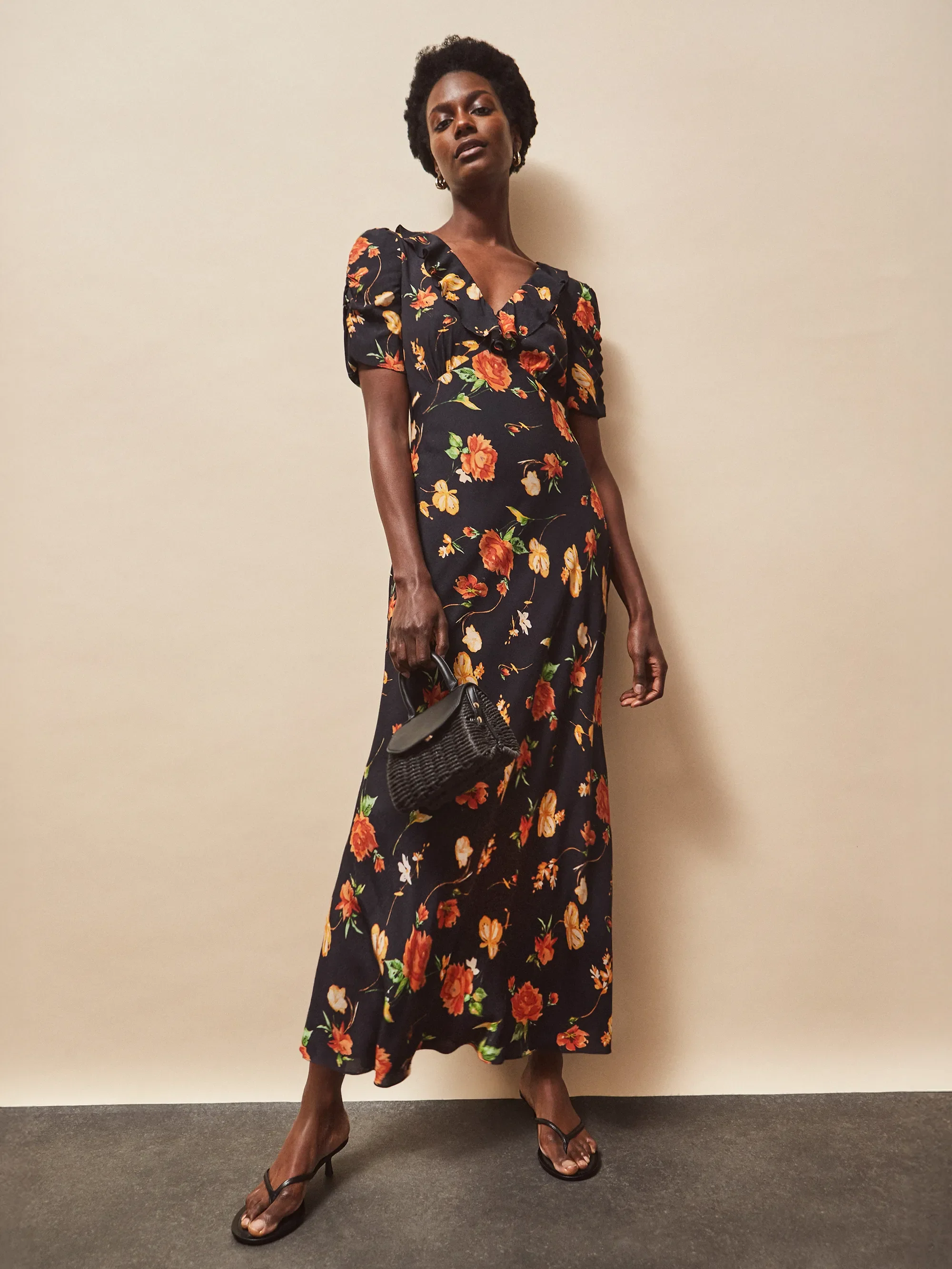 Red And Yellow Floral Print Tie Back Dress