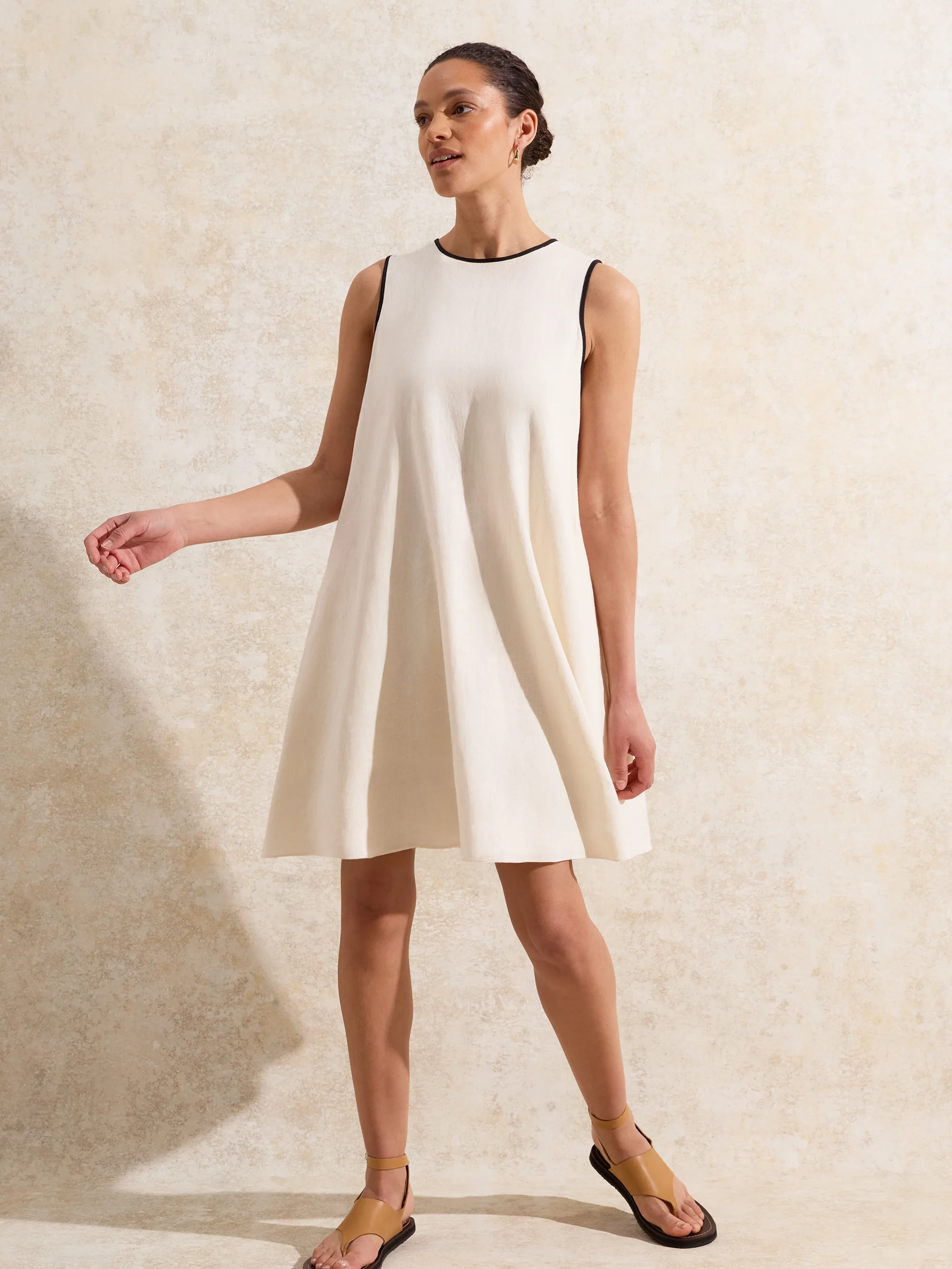 Petite Cream Linen Blend Piping Detail Short Dress