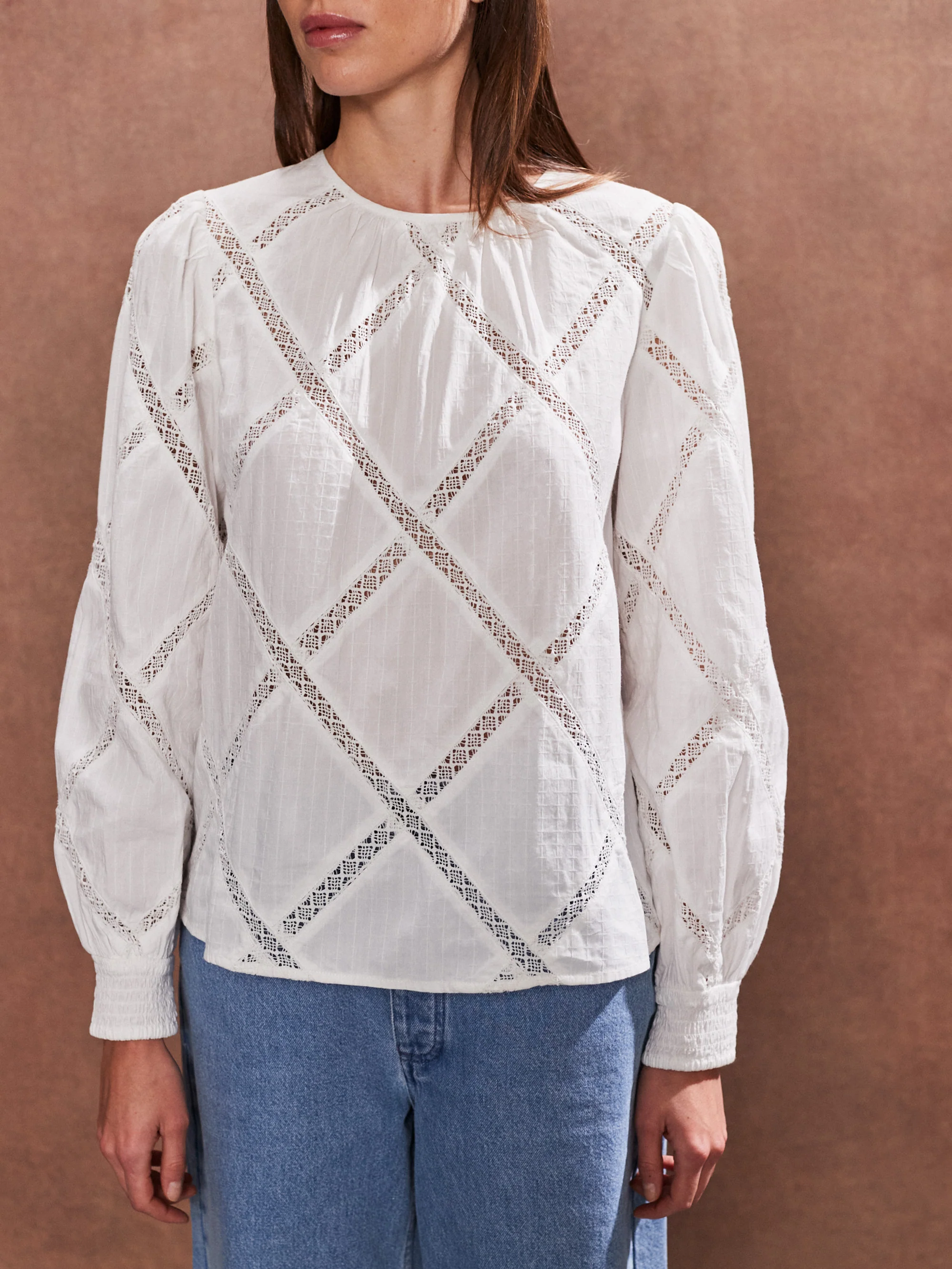 Ivory Diamond Lace Trim Blouse