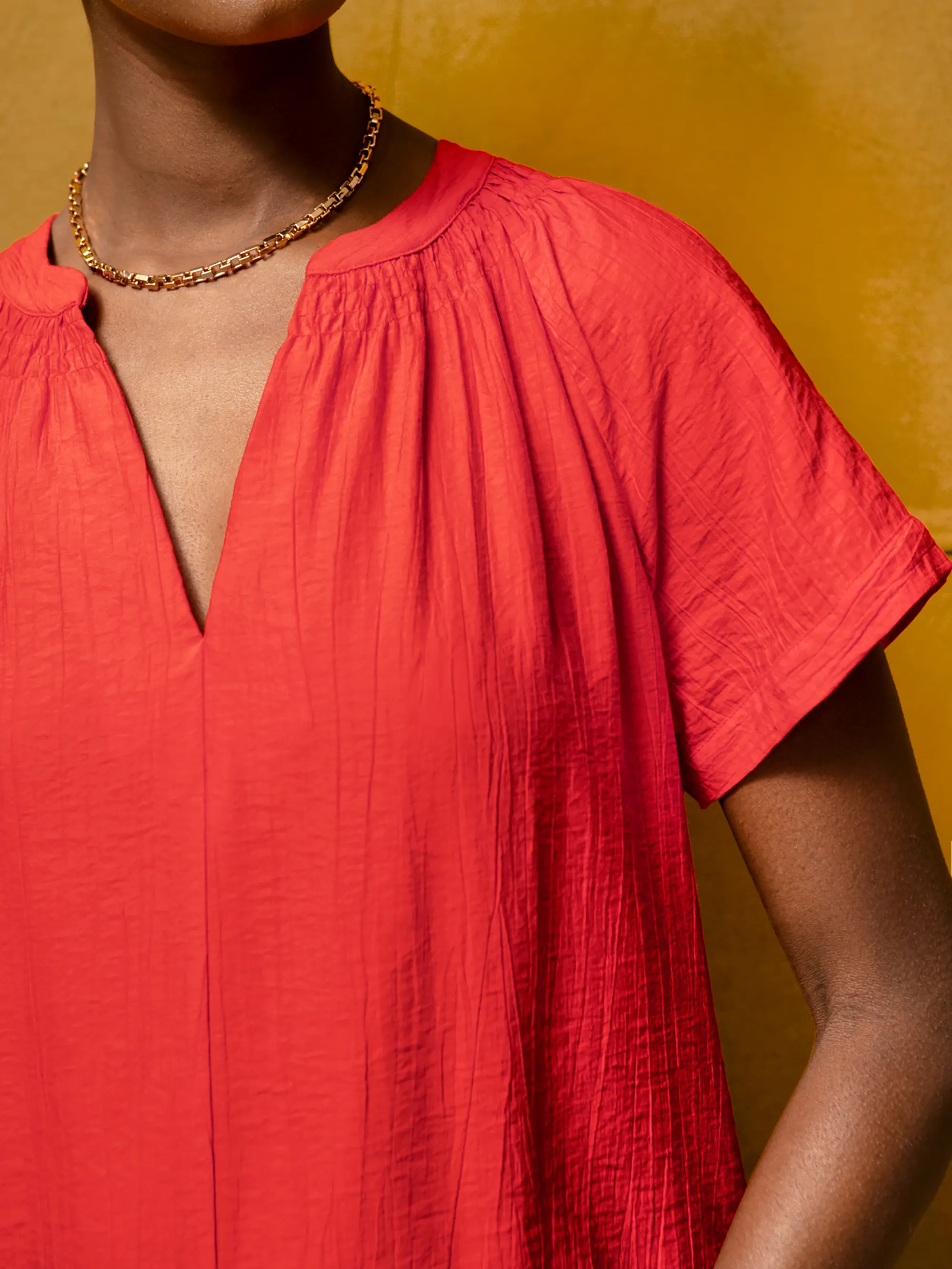 Red Gathered-Detail Short Dress