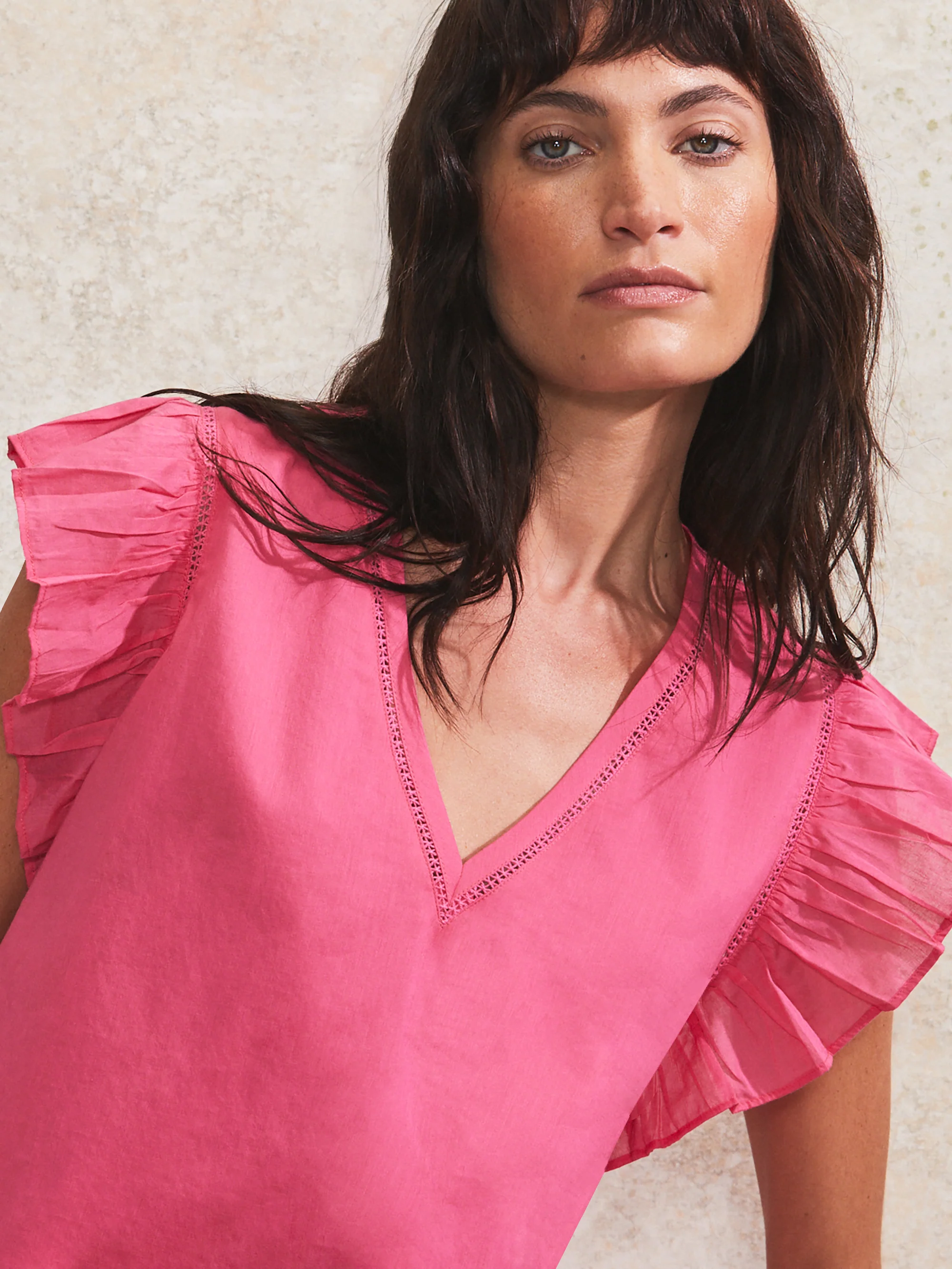 Pink Frill-Sleeve V-Neck Cotton Top