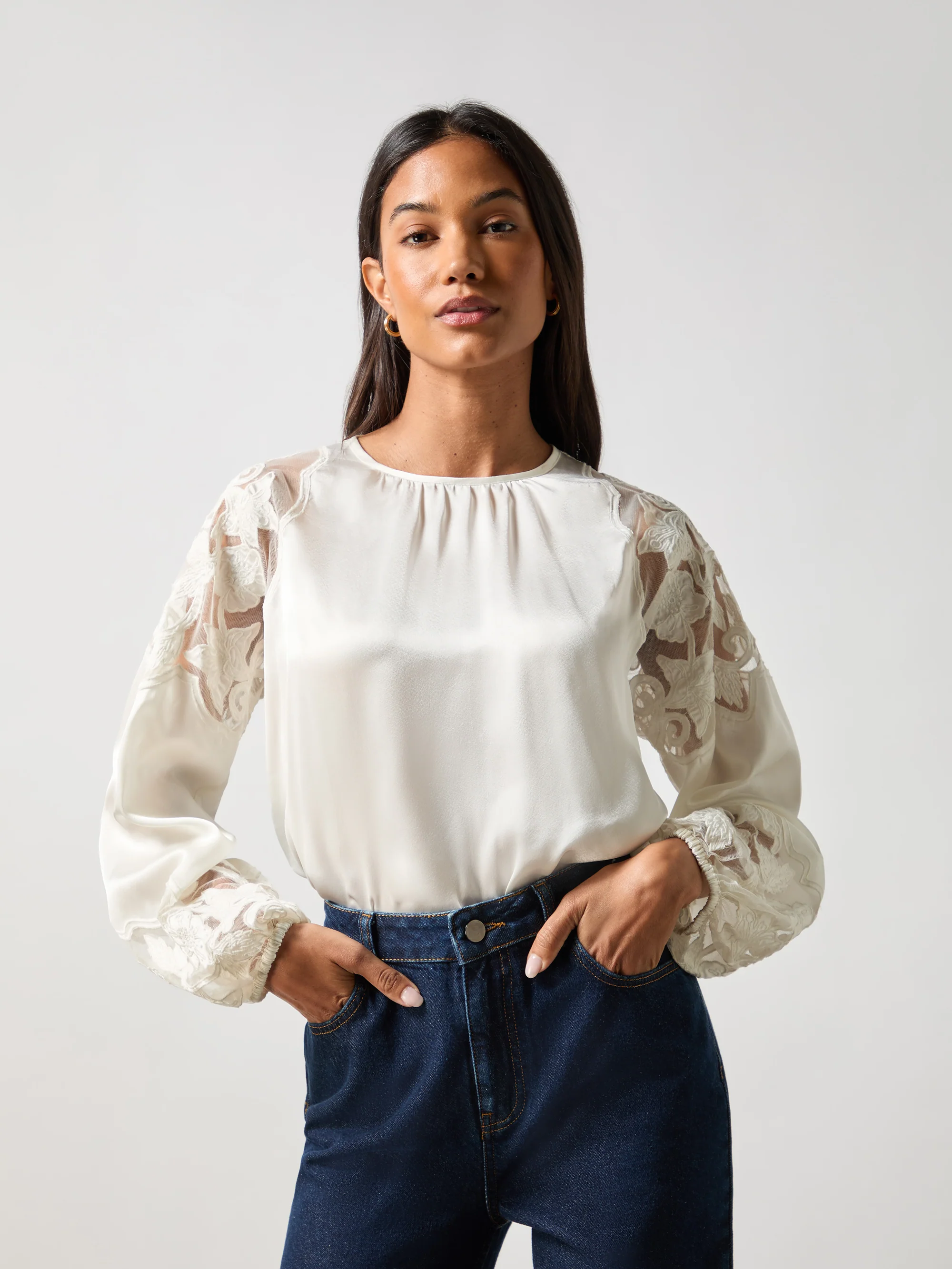 Ivory Satin Lace Insert Blouse