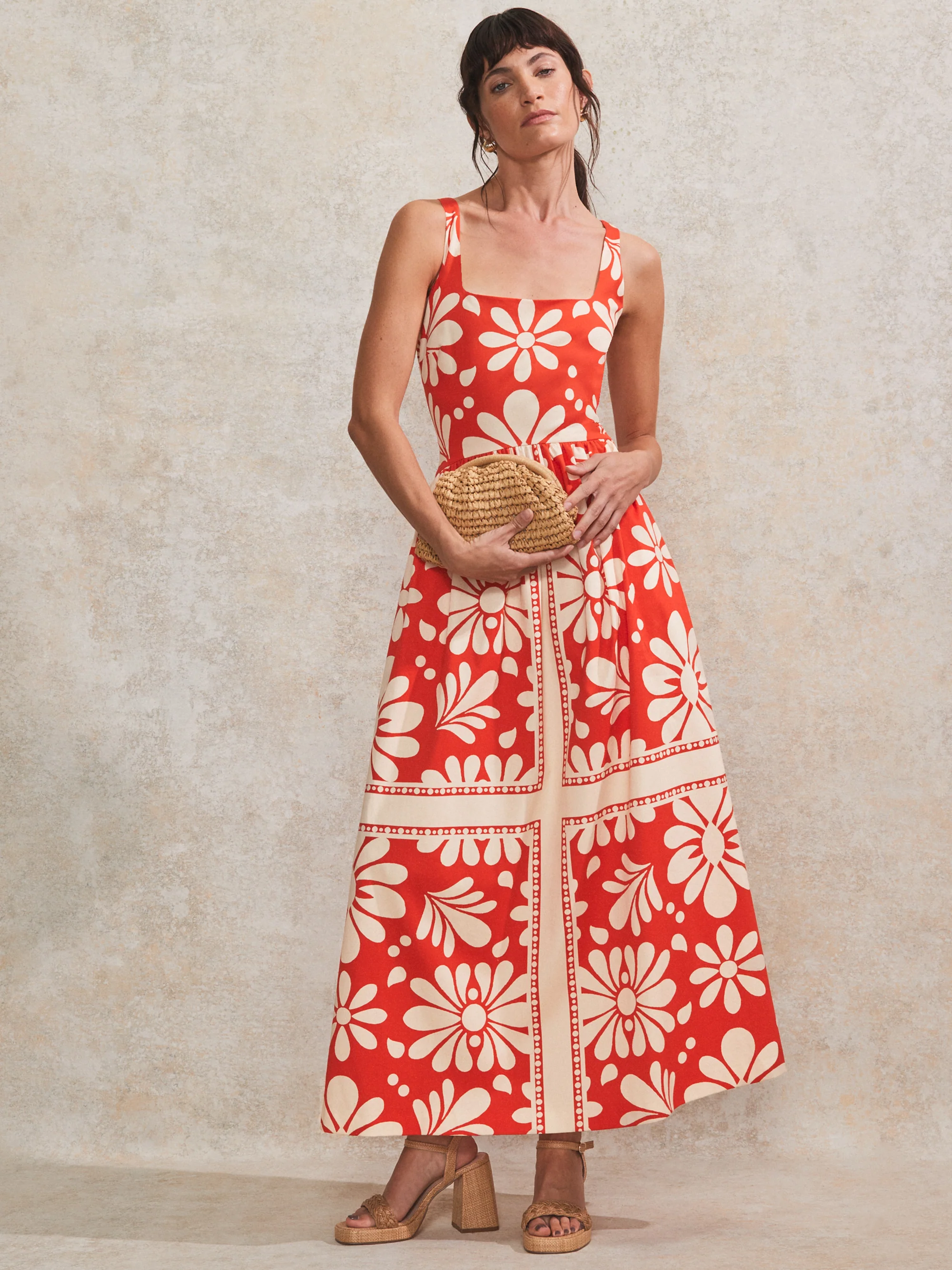 Raya Red Floral-Print Square-Neck Cotton Dress