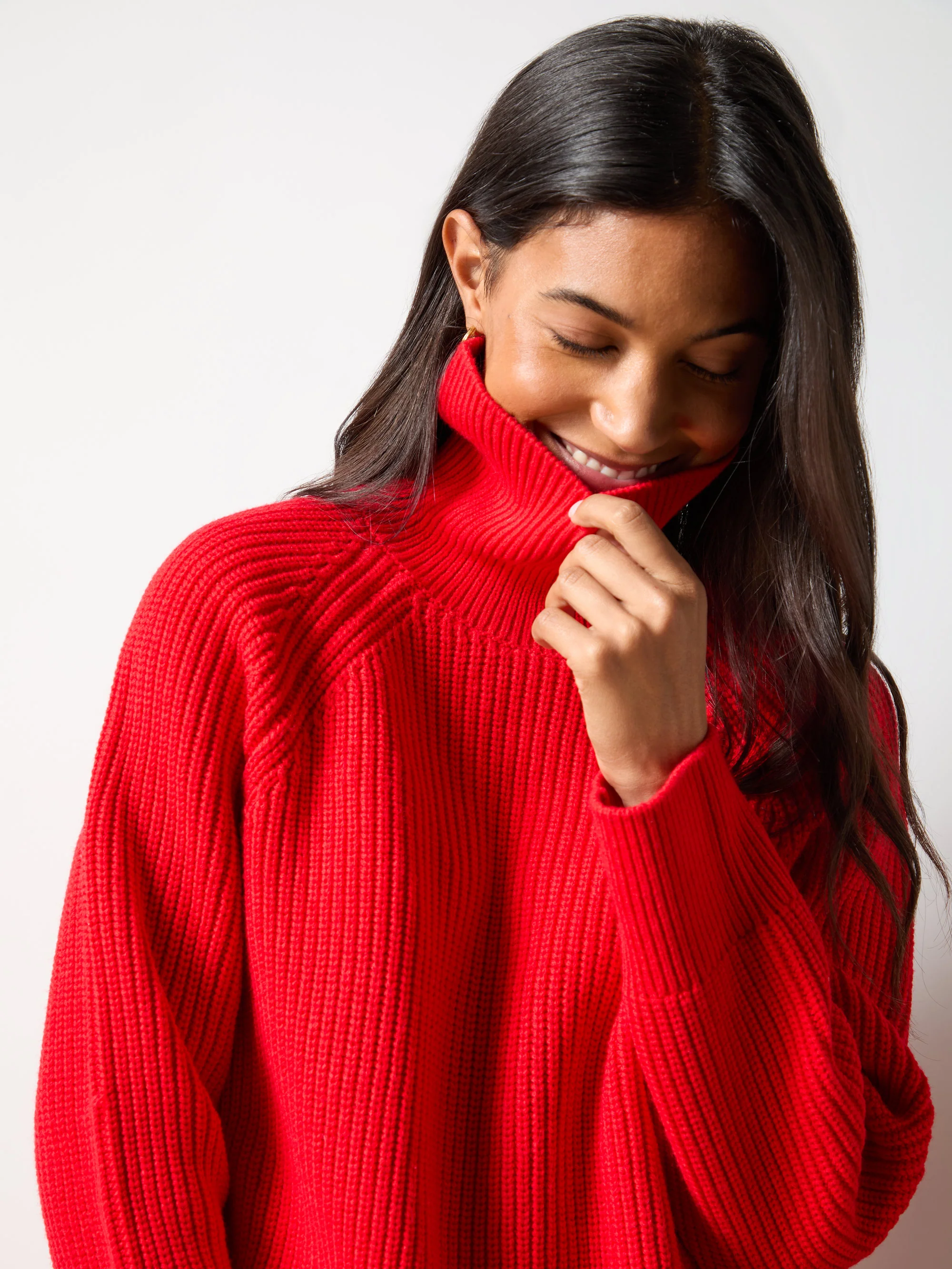 Red Ribbed High Neck Jumper