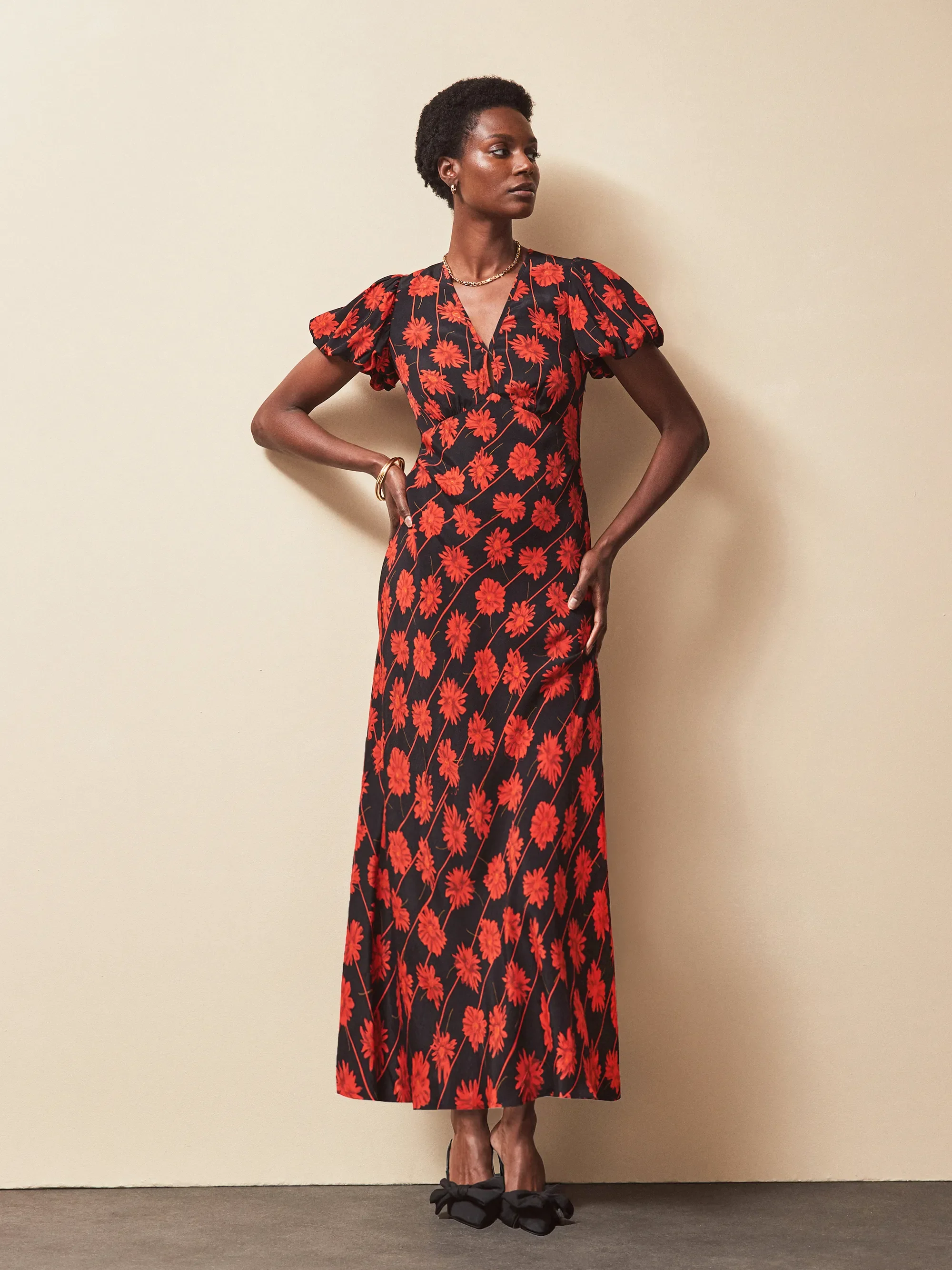 Red Rose Stripe V Neck Dress