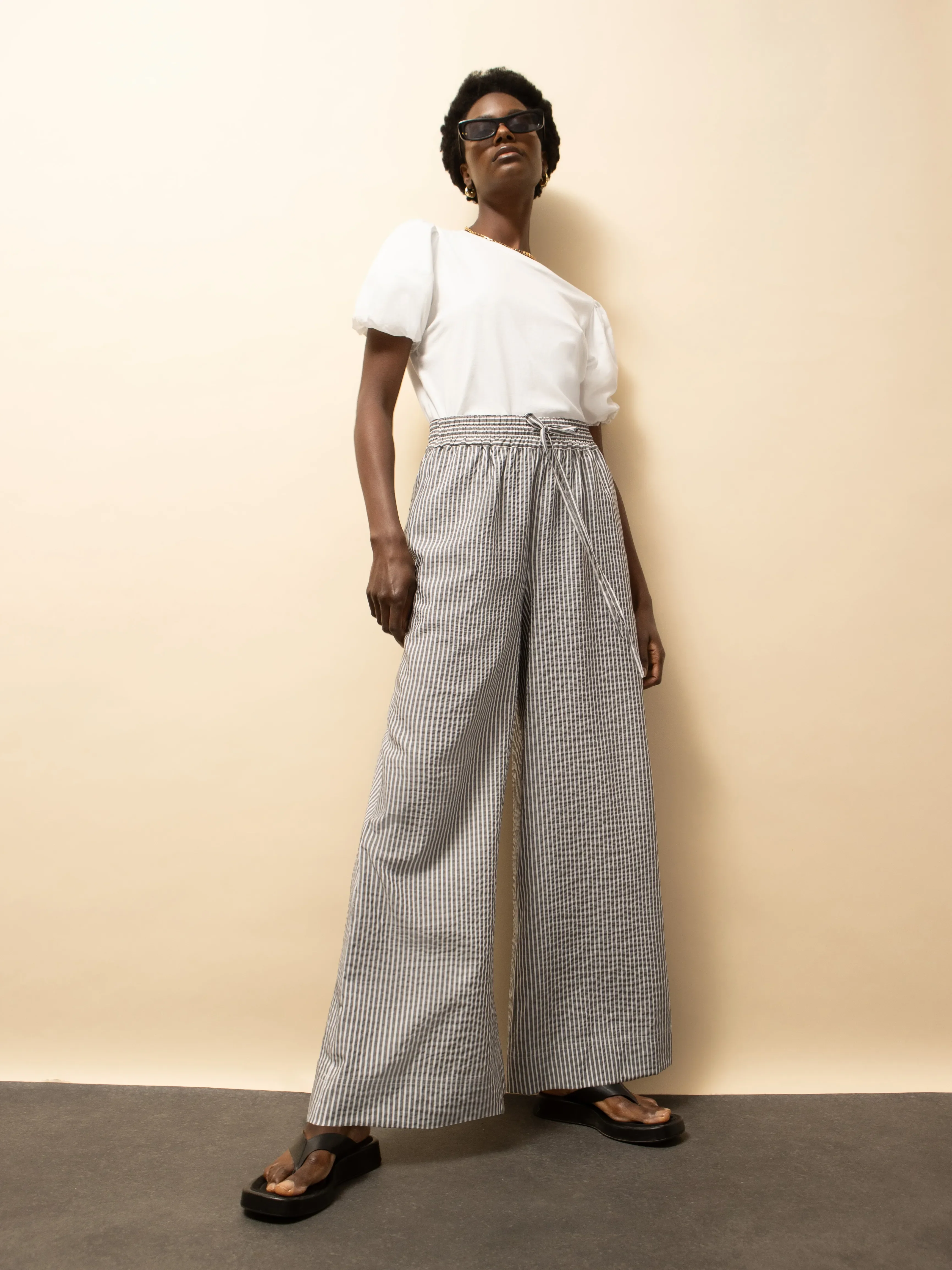 Petite Washed Black And White Stripe Trousers