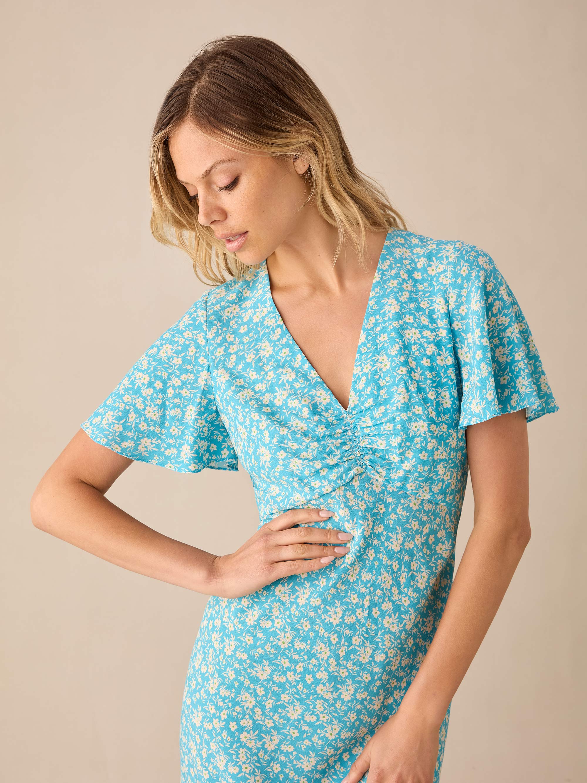 Blue Ditsy Print Flutter Sleeve Midi Dress