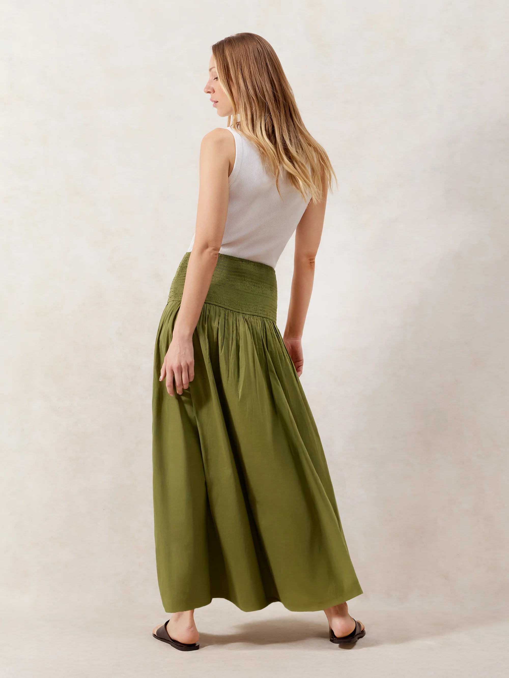 Petite Khaki Ruched-Waist Cotton Maxi Skirt