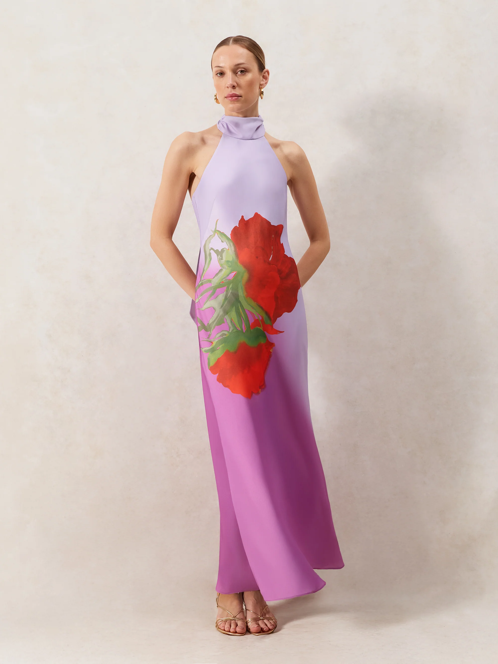 Margot Pink Rose Print Halter Neck Dress