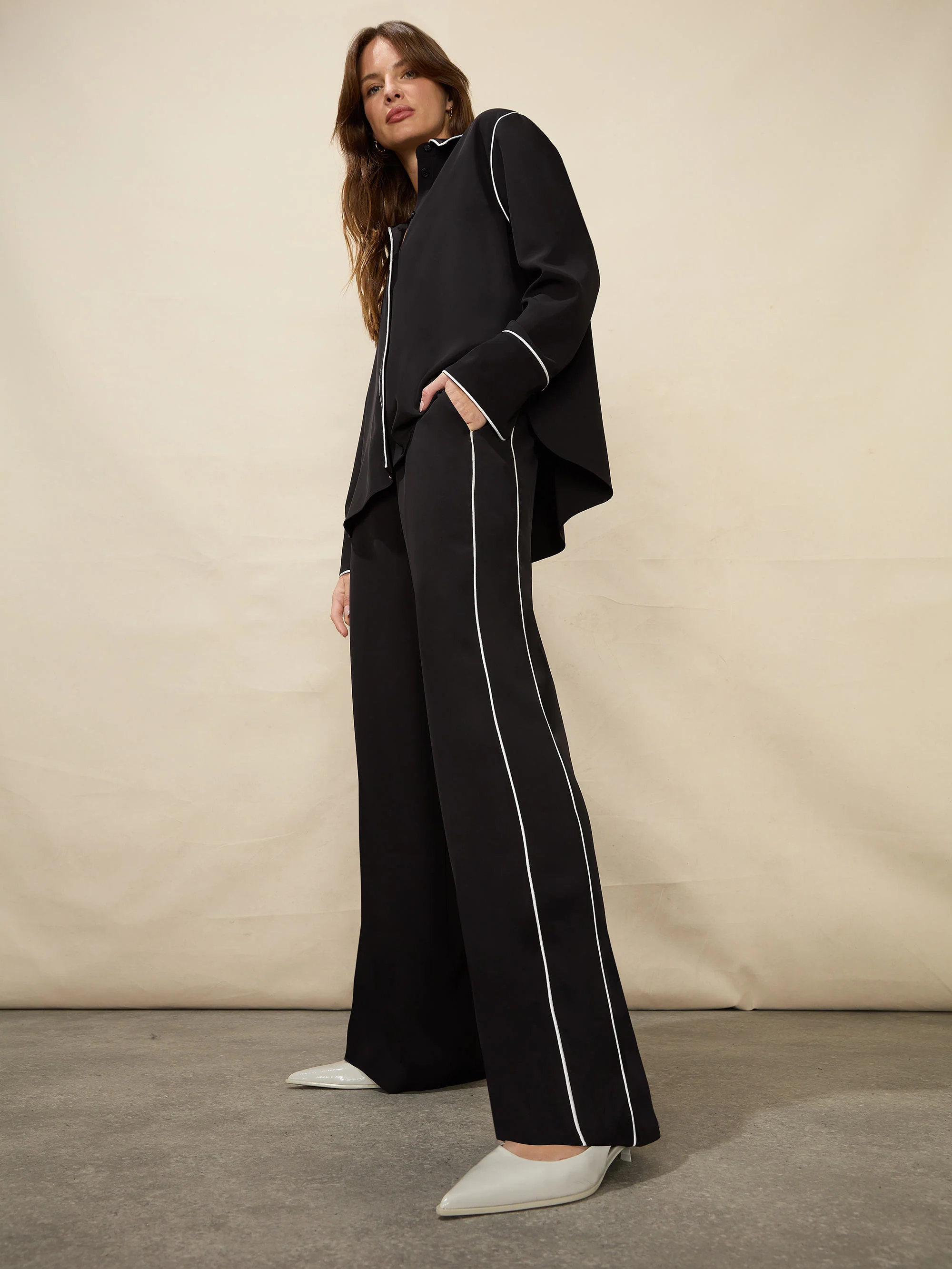 Black Crepe Contrast Piping Shirt