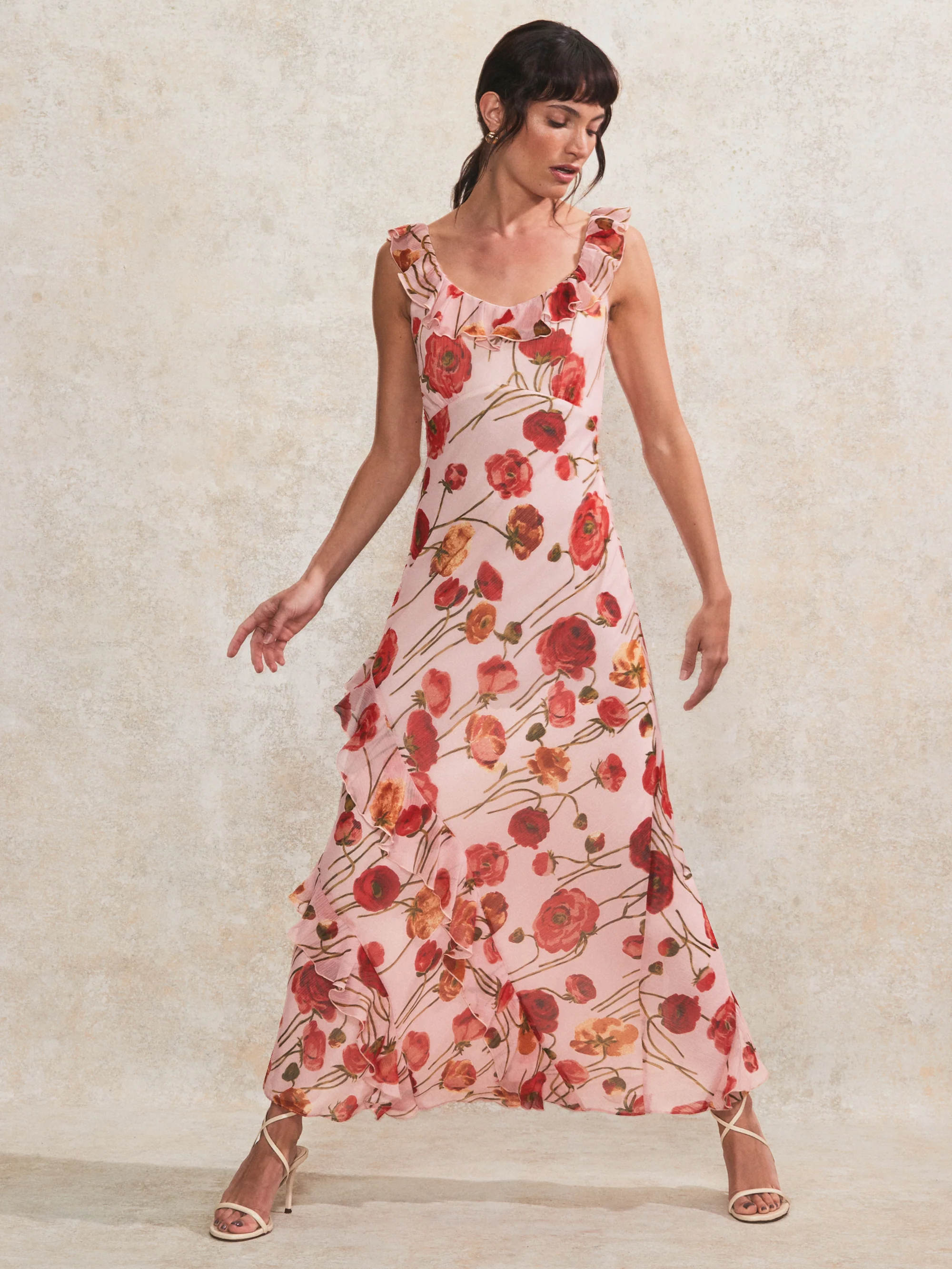 Rosie Pink Poppy-Print Ruffle-Detail Dress