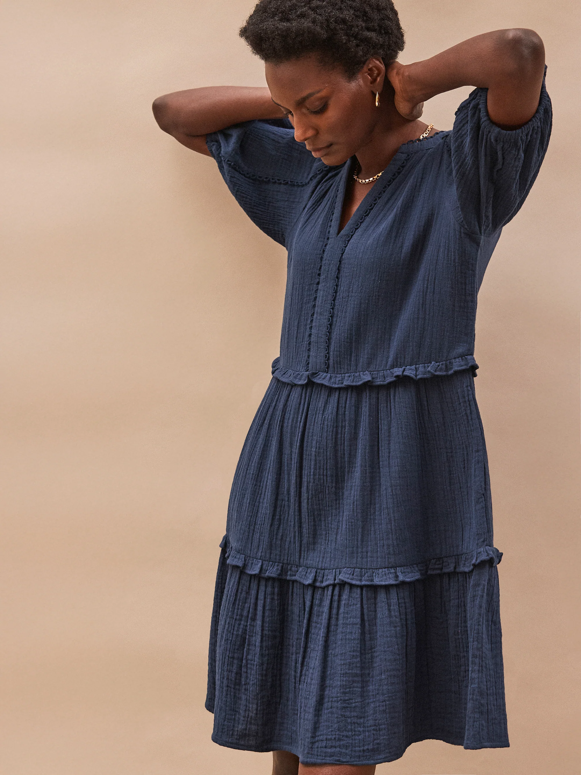 Navy Frill-Detail Cheesecloth Mini Dress