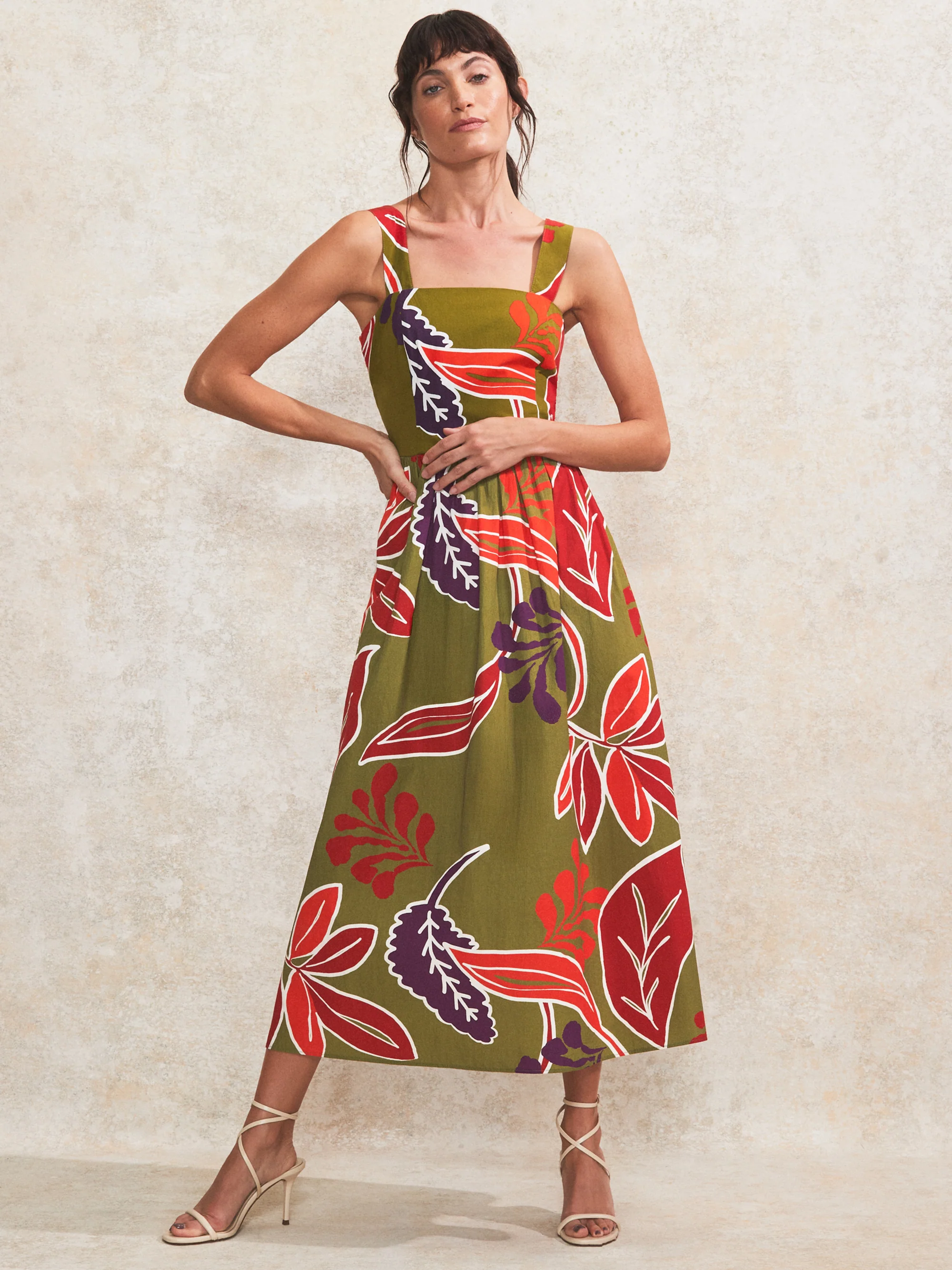 Petite Olive Leaf-Print Cotton Dress