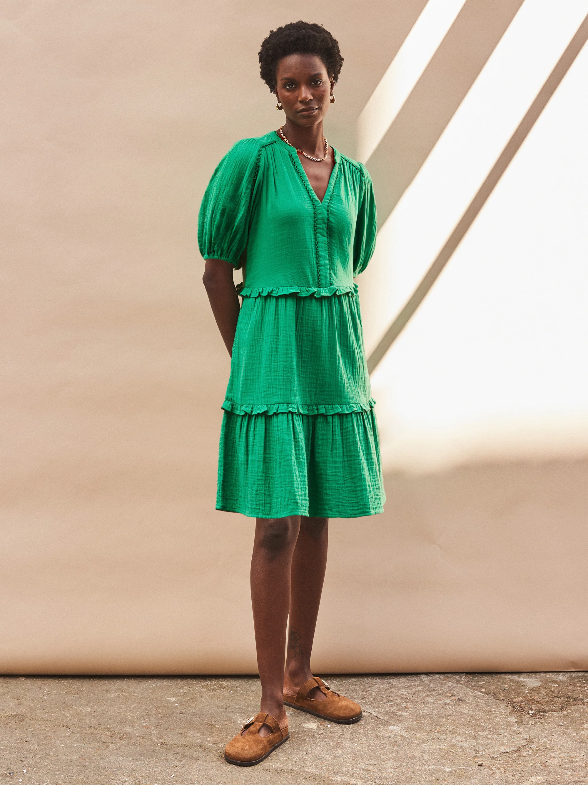 Green Frill-Detail Cheesecloth Mini Dress