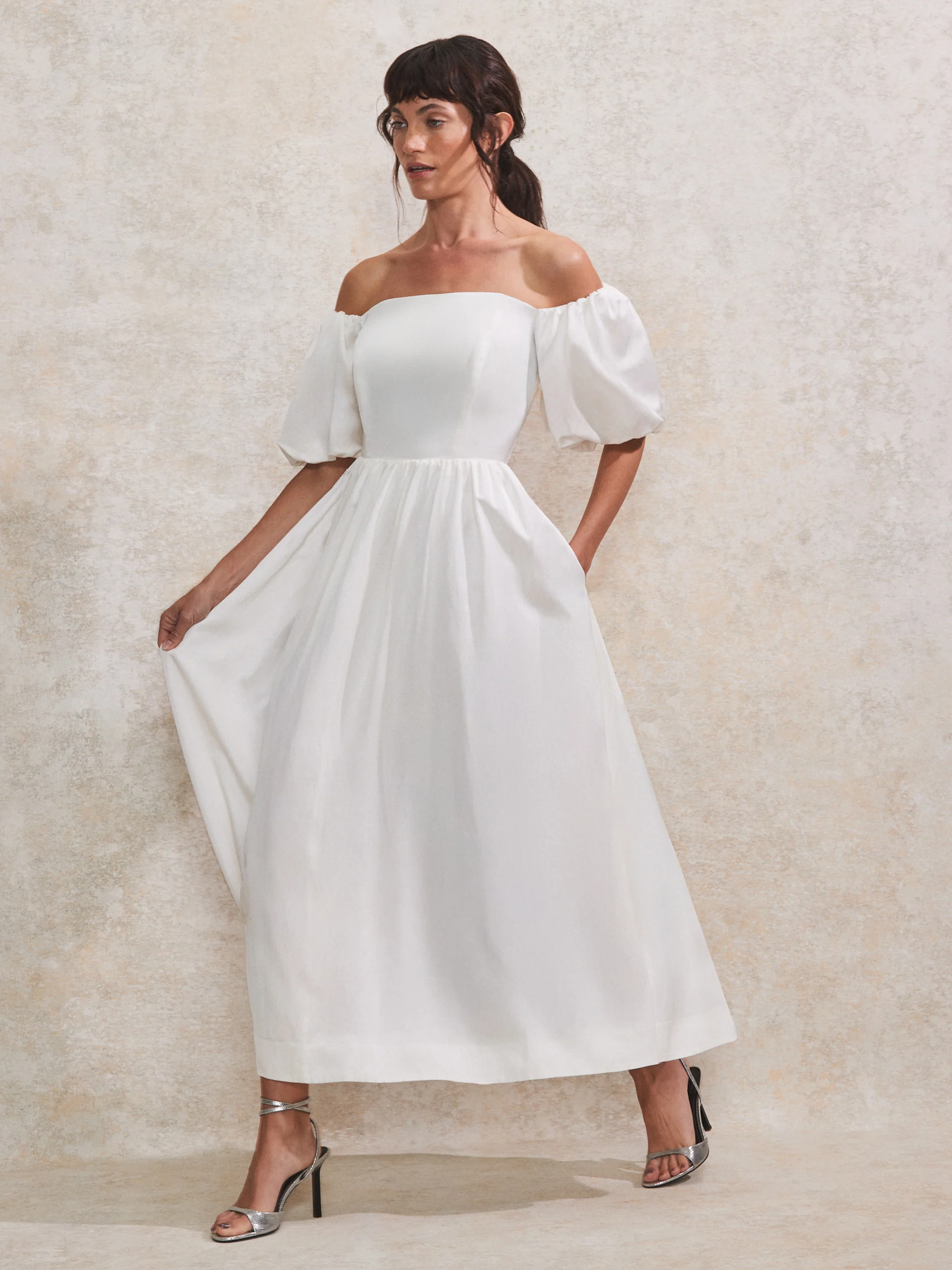 Alba Ivory Bardot Puff Sleeve Maxi Dress