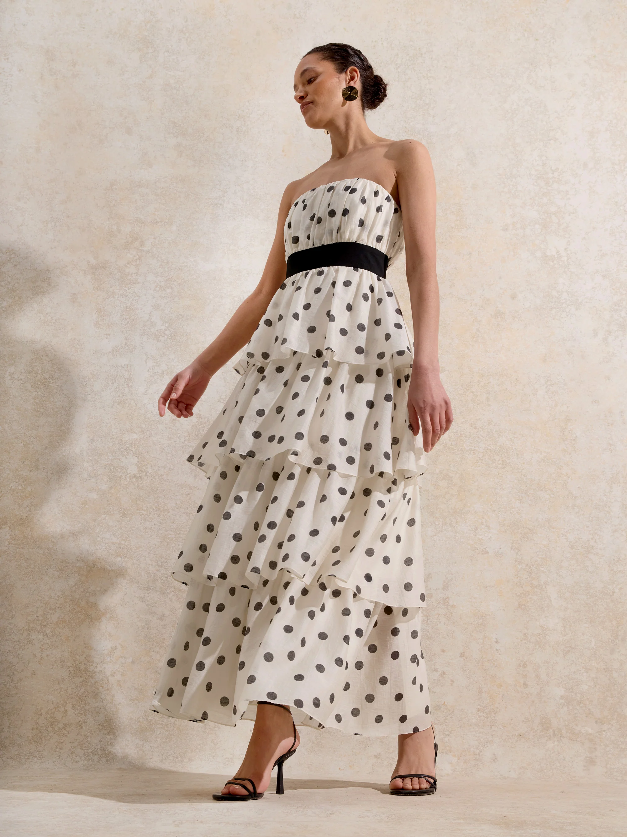 Claudia Black and White Polka Dot-Print Tiered Dress