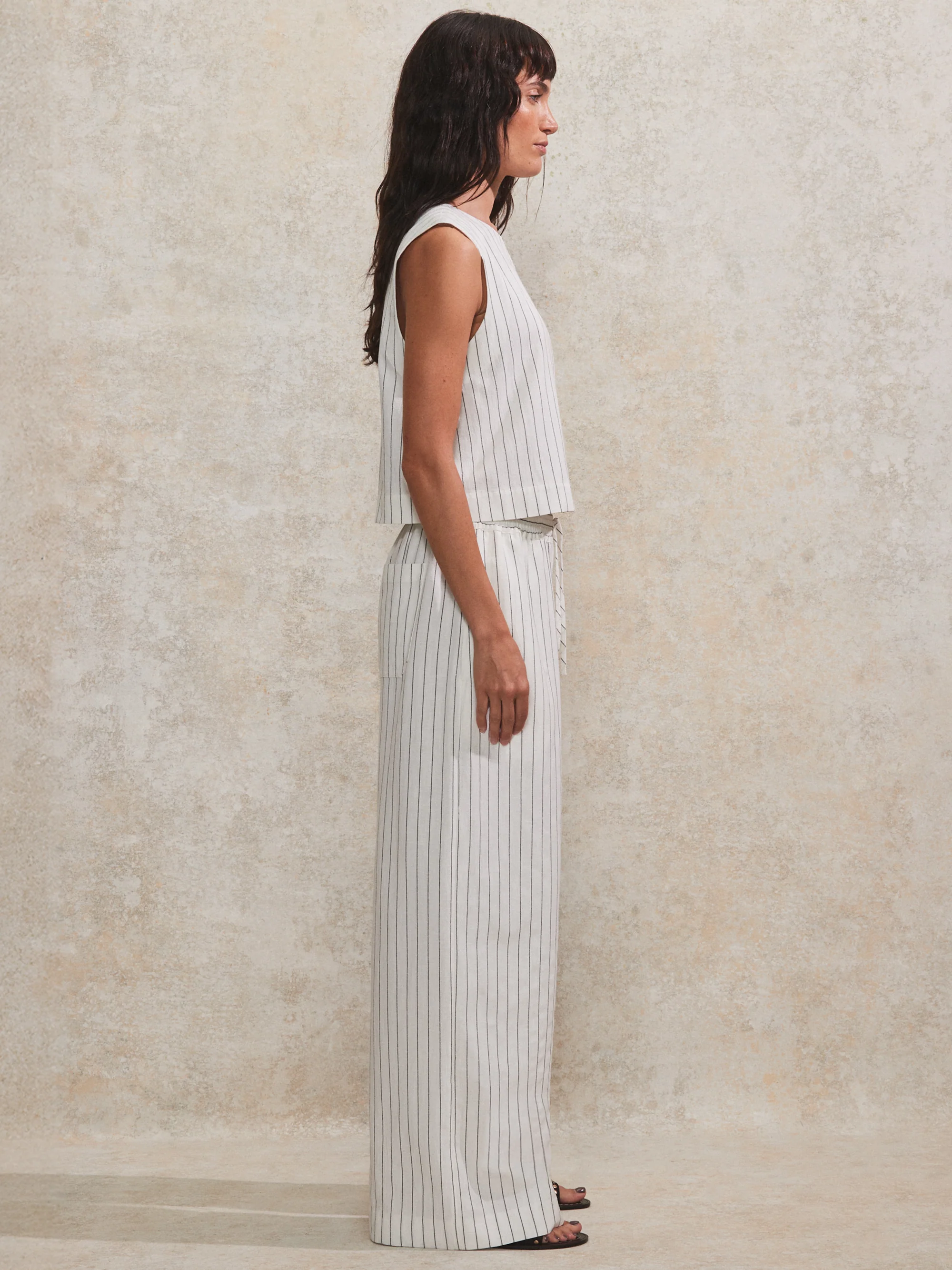 Petite Ivory Pinstripe Linen-Blend Wide-Leg Trousers