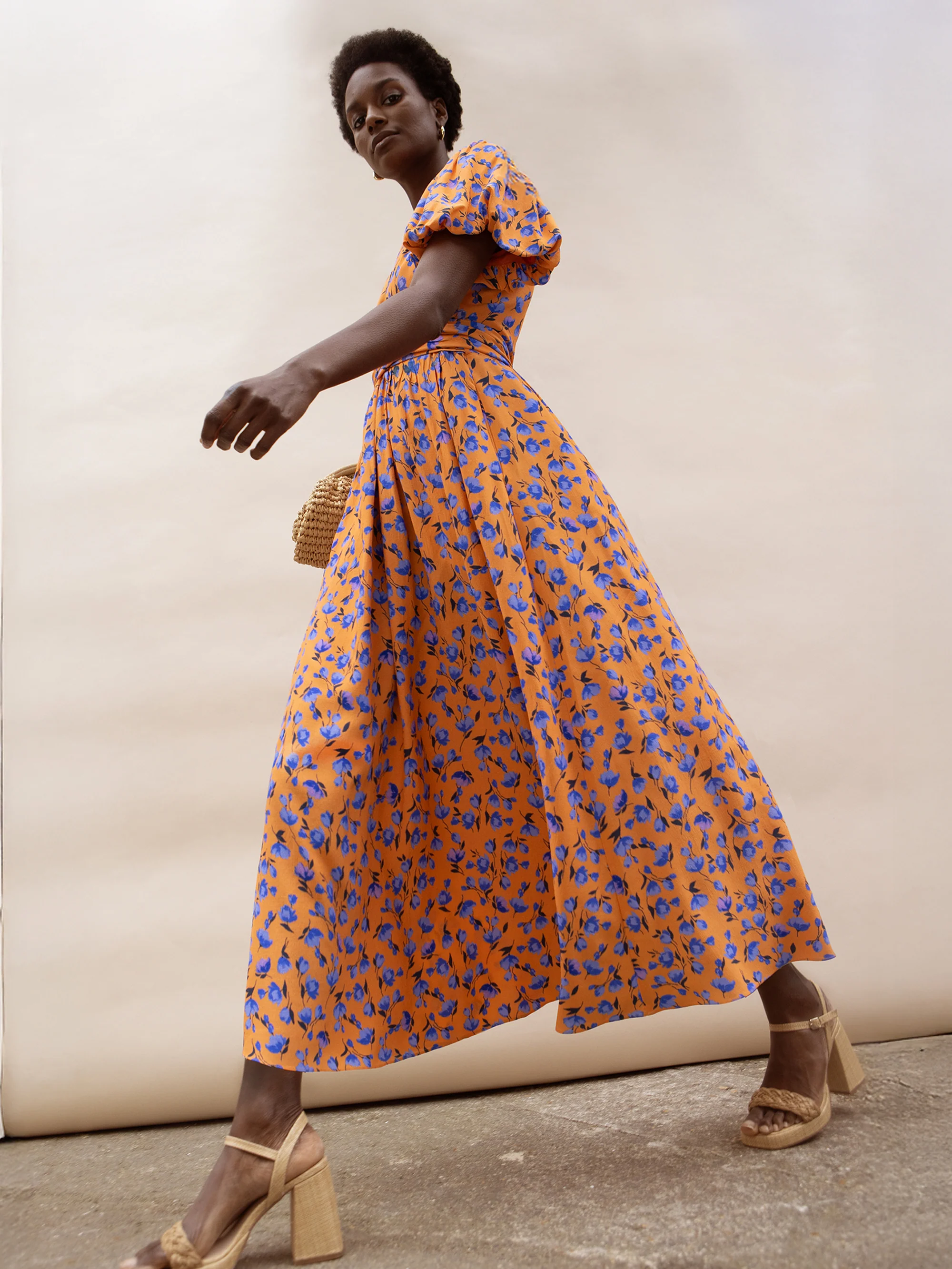 Orange And Blue Floral Puff Sleeve Dress